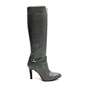 Vintage 1970s slate gray vegan leather zip up knee high stiletto fashion boots